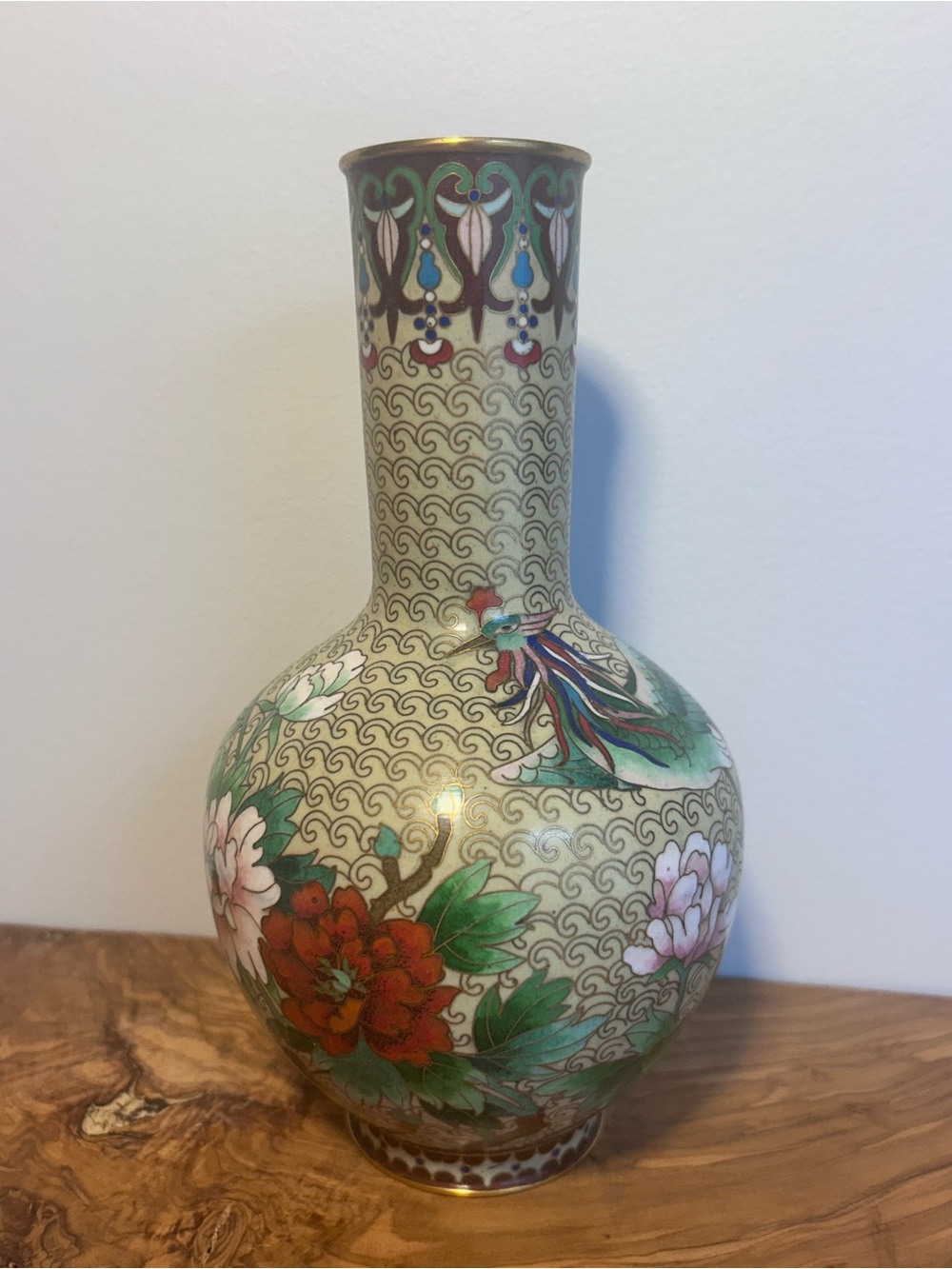 Floral Cloisonné Vase with Phoenix Motif - Metal & Enamel Green, Red, Pink, Tan
